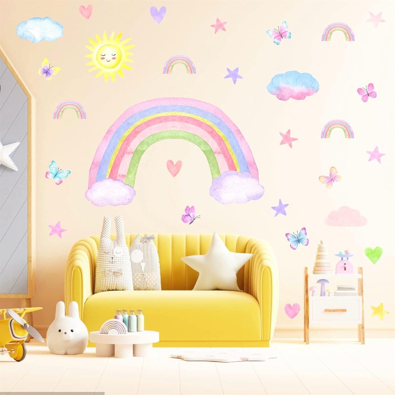 Colorful Rainbow Wall Decals – Watercolor Sun, Clouds, Stars & Butterflies for Girls’ Bedroom & Nursery, 12"x10"
